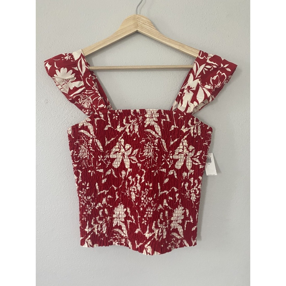 Old Navy NWT Red Floral Smocked Ruffle‎ Sleeve Crop Tank Top Blouse Women Sz M